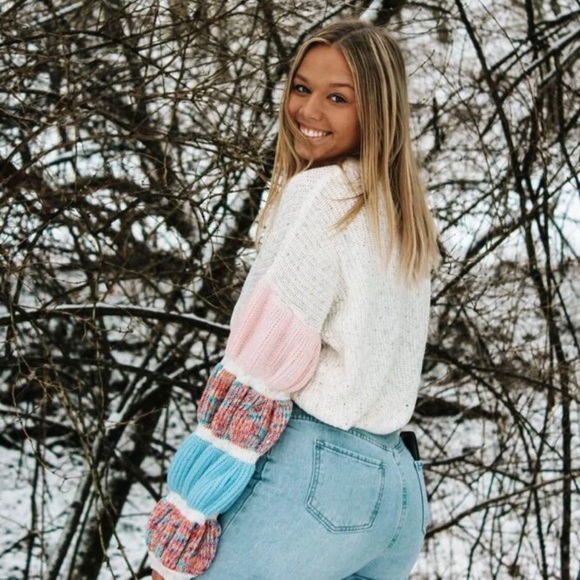 Sweater rainbow pink gathered sleeve puff lantern sleeve ruched blue cream - Picture 9 of 9